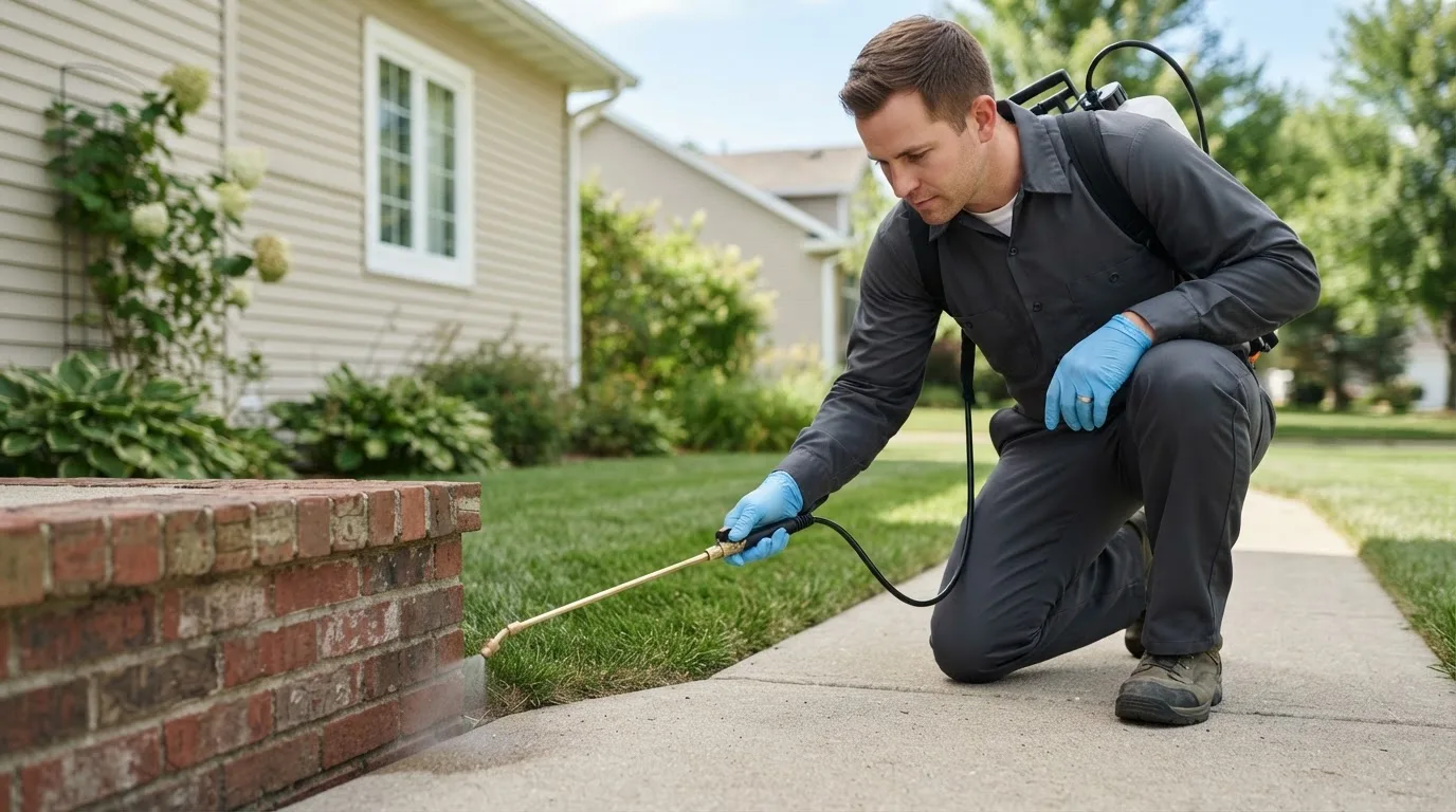 Pest control technician treating a home near Sanford, MI