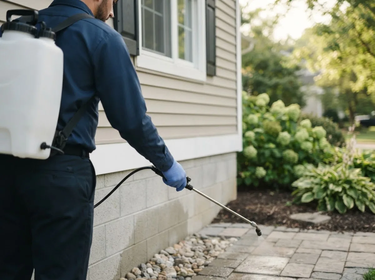 Pest control technician inspecting a home in Sanford, MI